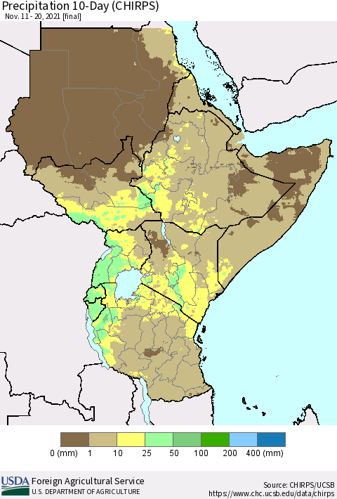 Eastern Africa Precipitation 10-Day (CHIRPS) Thematic Map For 11/11/2021 - 11/20/2021