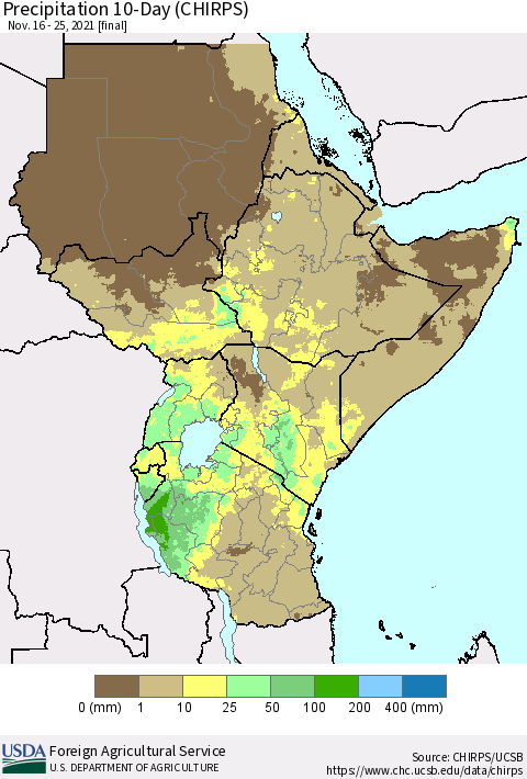 Eastern Africa Precipitation 10-Day (CHIRPS) Thematic Map For 11/16/2021 - 11/25/2021