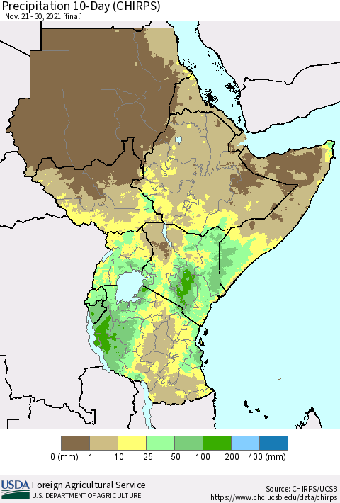 Eastern Africa Precipitation 10-Day (CHIRPS) Thematic Map For 11/21/2021 - 11/30/2021