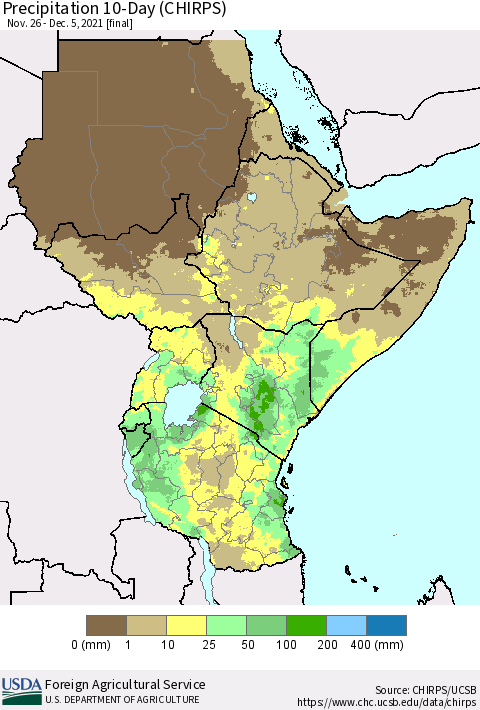 Eastern Africa Precipitation 10-Day (CHIRPS) Thematic Map For 11/26/2021 - 12/5/2021