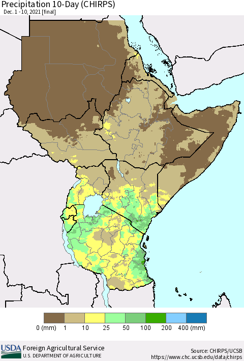 Eastern Africa Precipitation 10-Day (CHIRPS) Thematic Map For 12/1/2021 - 12/10/2021