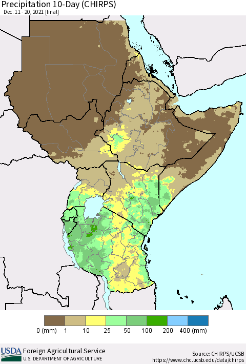 Eastern Africa Precipitation 10-Day (CHIRPS) Thematic Map For 12/11/2021 - 12/20/2021