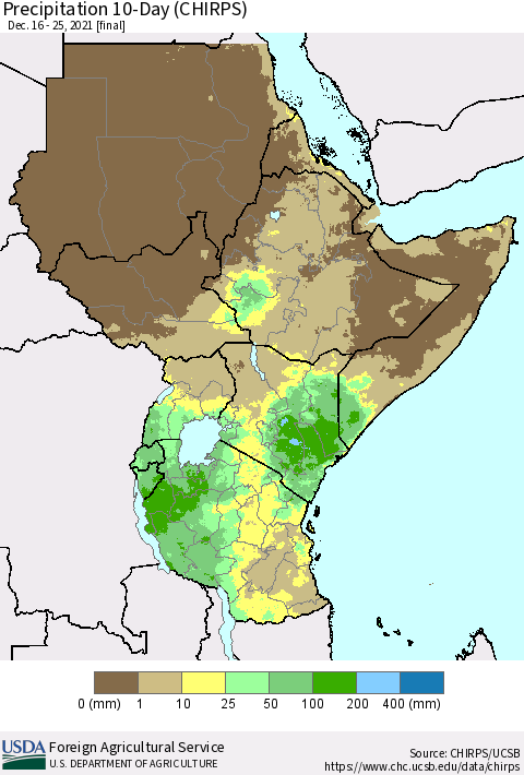 Eastern Africa Precipitation 10-Day (CHIRPS) Thematic Map For 12/16/2021 - 12/25/2021