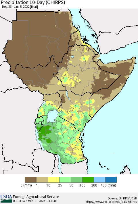 Eastern Africa Precipitation 10-Day (CHIRPS) Thematic Map For 12/26/2021 - 1/5/2022