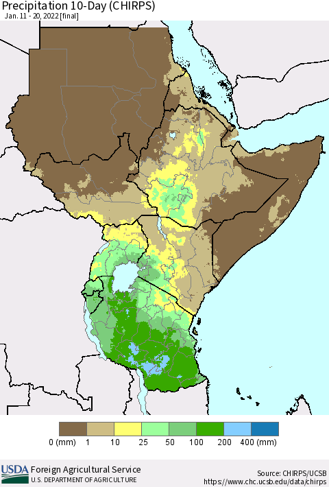 Eastern Africa Precipitation 10-Day (CHIRPS) Thematic Map For 1/11/2022 - 1/20/2022