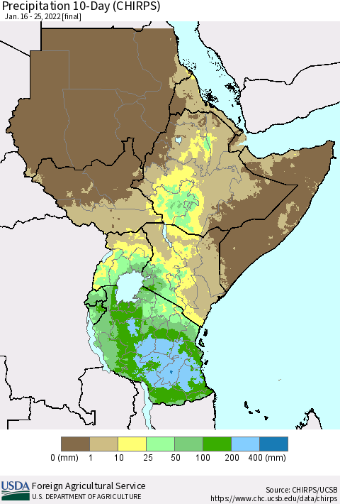 Eastern Africa Precipitation 10-Day (CHIRPS) Thematic Map For 1/16/2022 - 1/25/2022
