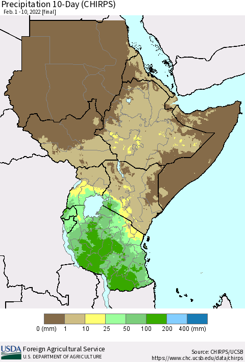 Eastern Africa Precipitation 10-Day (CHIRPS) Thematic Map For 2/1/2022 - 2/10/2022