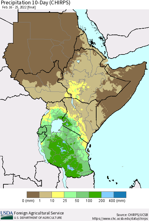 Eastern Africa Precipitation 10-Day (CHIRPS) Thematic Map For 2/16/2022 - 2/25/2022