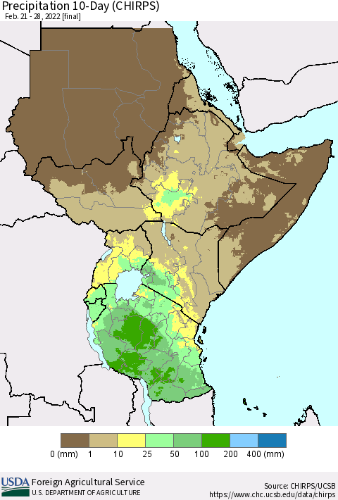 Eastern Africa Precipitation 10-Day (CHIRPS) Thematic Map For 2/21/2022 - 2/28/2022