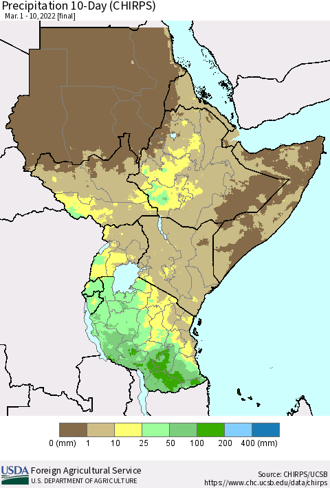 Eastern Africa Precipitation 10-Day (CHIRPS) Thematic Map For 3/1/2022 - 3/10/2022