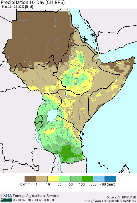 Eastern Africa Precipitation 10-Day (CHIRPS) Thematic Map For 3/16/2022 - 3/25/2022