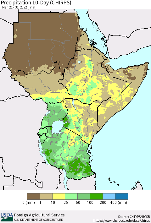 Eastern Africa Precipitation 10-Day (CHIRPS) Thematic Map For 3/21/2022 - 3/31/2022