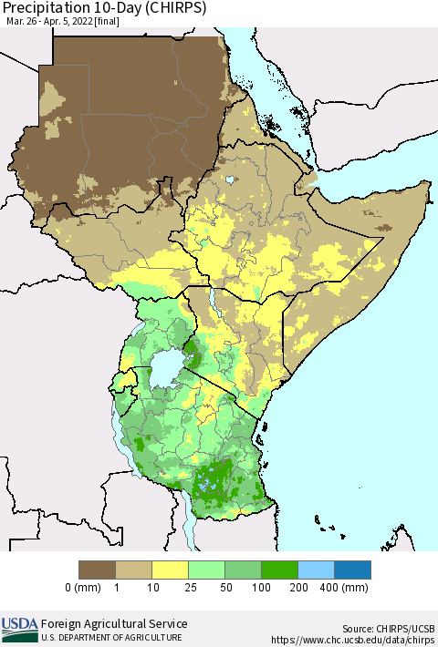 Eastern Africa Precipitation 10-Day (CHIRPS) Thematic Map For 3/26/2022 - 4/5/2022