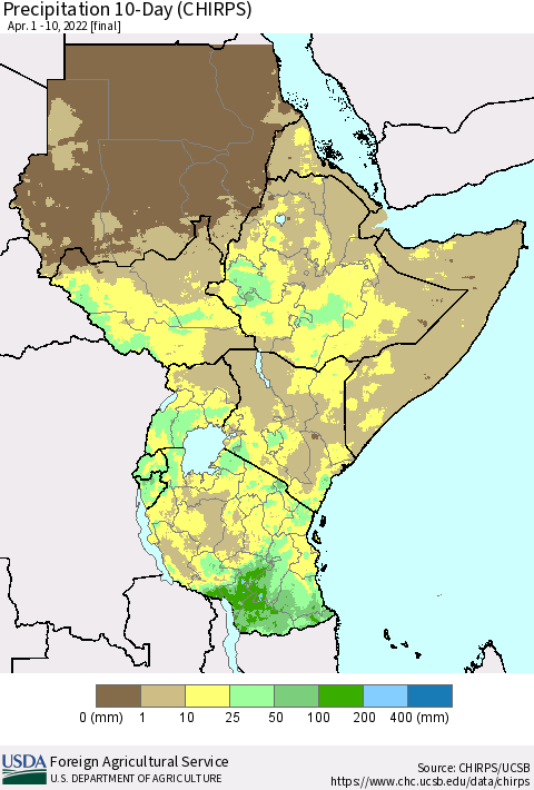 Eastern Africa Precipitation 10-Day (CHIRPS) Thematic Map For 4/1/2022 - 4/10/2022