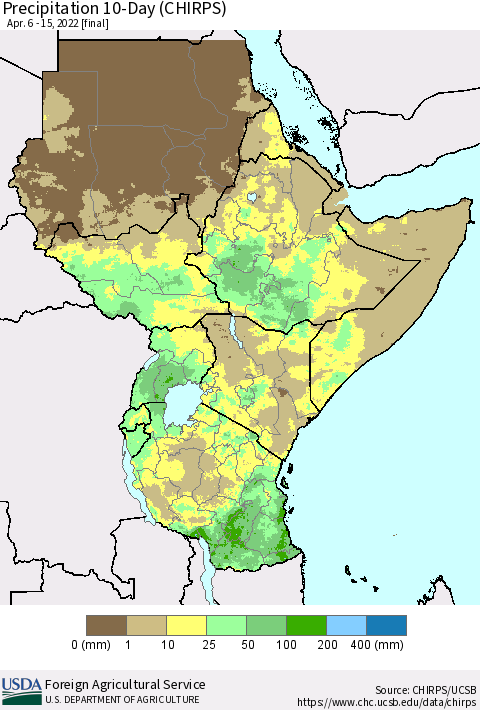 Eastern Africa Precipitation 10-Day (CHIRPS) Thematic Map For 4/6/2022 - 4/15/2022