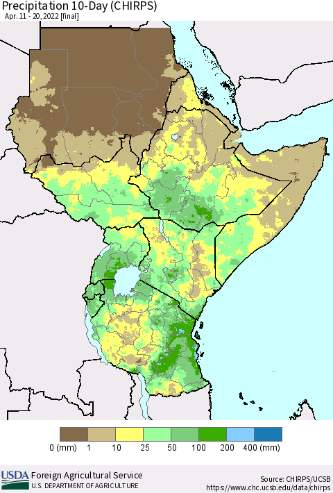 Eastern Africa Precipitation 10-Day (CHIRPS) Thematic Map For 4/11/2022 - 4/20/2022