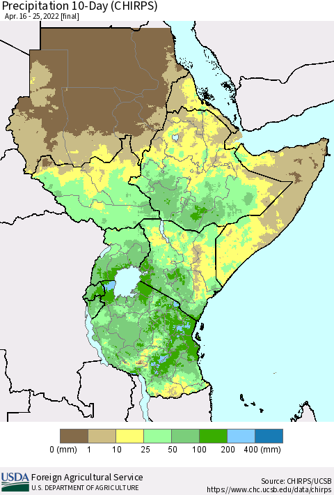 Eastern Africa Precipitation 10-Day (CHIRPS) Thematic Map For 4/16/2022 - 4/25/2022