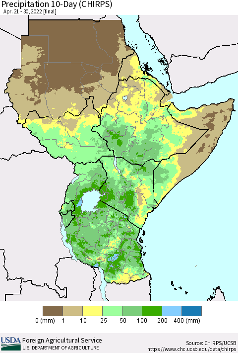 Eastern Africa Precipitation 10-Day (CHIRPS) Thematic Map For 4/21/2022 - 4/30/2022
