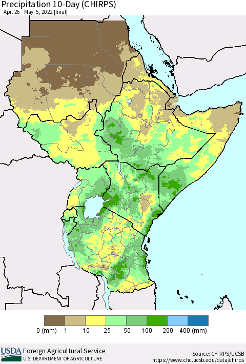 Eastern Africa Precipitation 10-Day (CHIRPS) Thematic Map For 4/26/2022 - 5/5/2022