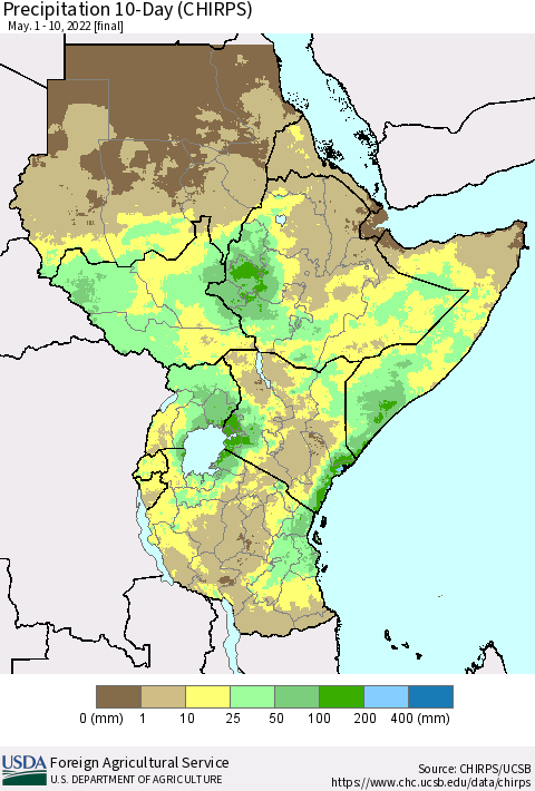 Eastern Africa Precipitation 10-Day (CHIRPS) Thematic Map For 5/1/2022 - 5/10/2022