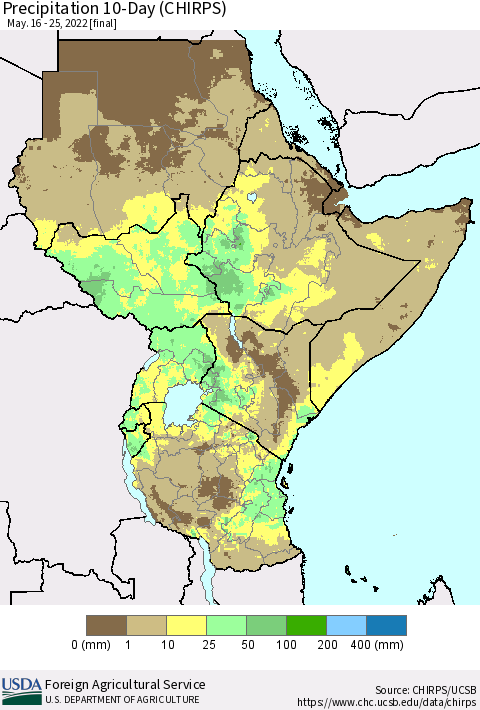 Eastern Africa Precipitation 10-Day (CHIRPS) Thematic Map For 5/16/2022 - 5/25/2022