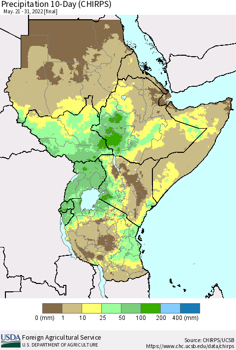 Eastern Africa Precipitation 10-Day (CHIRPS) Thematic Map For 5/21/2022 - 5/31/2022