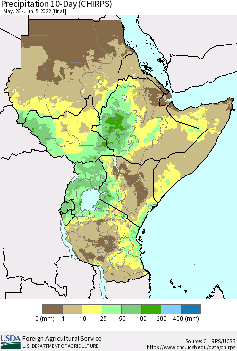 Eastern Africa Precipitation 10-Day (CHIRPS) Thematic Map For 5/26/2022 - 6/5/2022