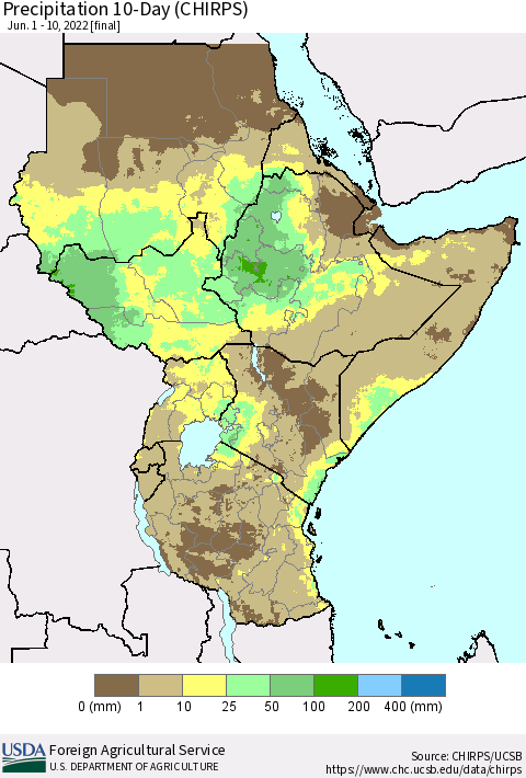 Eastern Africa Precipitation 10-Day (CHIRPS) Thematic Map For 6/1/2022 - 6/10/2022