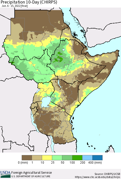 Eastern Africa Precipitation 10-Day (CHIRPS) Thematic Map For 6/6/2022 - 6/15/2022