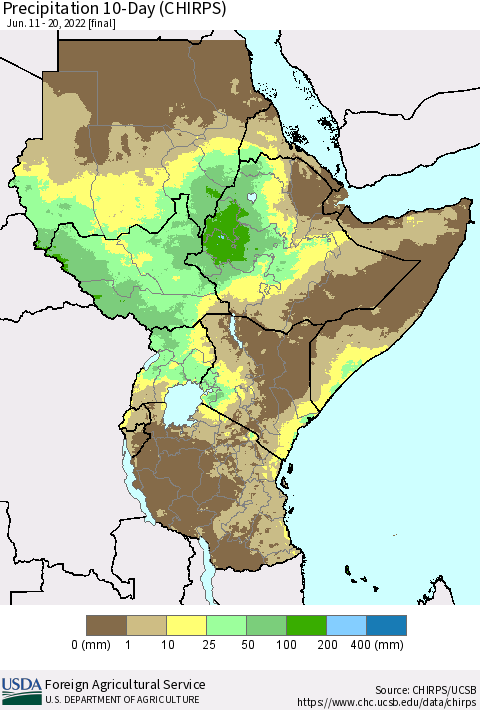Eastern Africa Precipitation 10-Day (CHIRPS) Thematic Map For 6/11/2022 - 6/20/2022