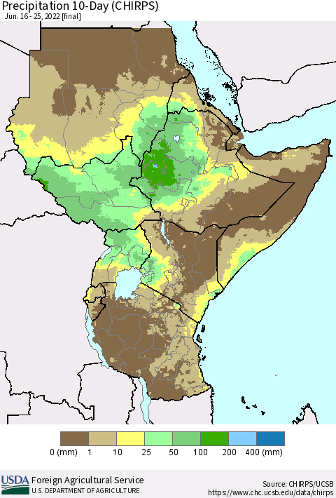 Eastern Africa Precipitation 10-Day (CHIRPS) Thematic Map For 6/16/2022 - 6/25/2022