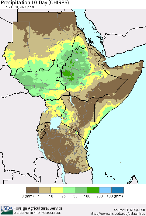 Eastern Africa Precipitation 10-Day (CHIRPS) Thematic Map For 6/21/2022 - 6/30/2022