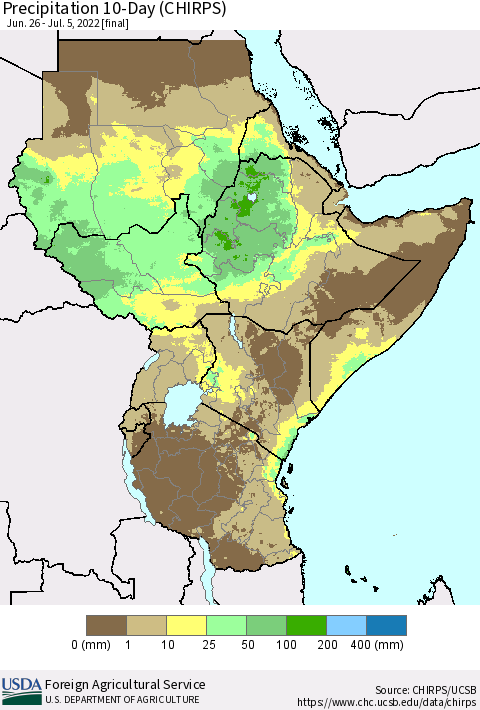 Eastern Africa Precipitation 10-Day (CHIRPS) Thematic Map For 6/26/2022 - 7/5/2022