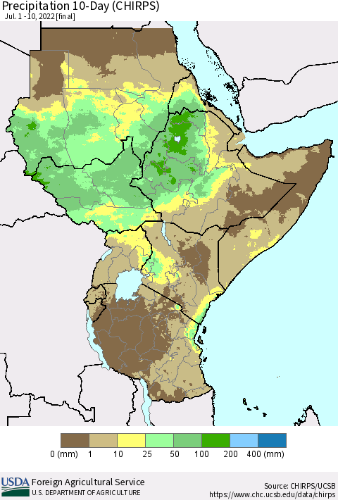 Eastern Africa Precipitation 10-Day (CHIRPS) Thematic Map For 7/1/2022 - 7/10/2022