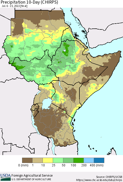Eastern Africa Precipitation 10-Day (CHIRPS) Thematic Map For 7/6/2022 - 7/15/2022