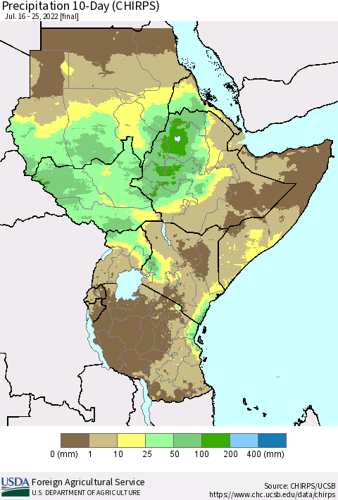 Eastern Africa Precipitation 10-Day (CHIRPS) Thematic Map For 7/16/2022 - 7/25/2022