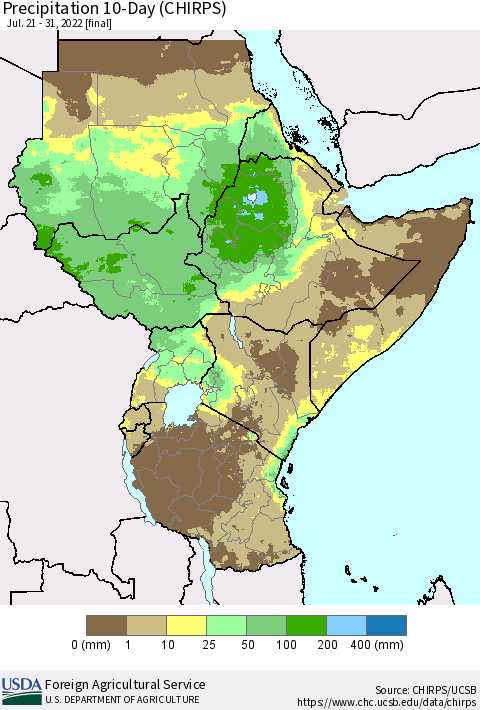 Eastern Africa Precipitation 10-Day (CHIRPS) Thematic Map For 7/21/2022 - 7/31/2022