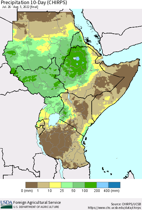 Eastern Africa Precipitation 10-Day (CHIRPS) Thematic Map For 7/26/2022 - 8/5/2022