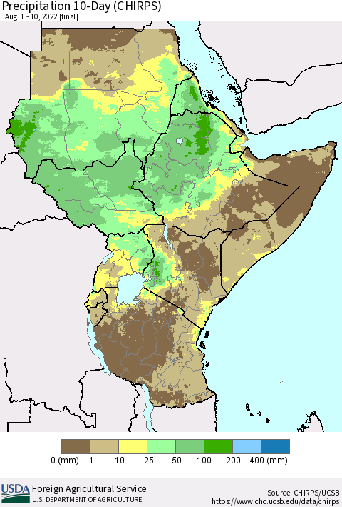 Eastern Africa Precipitation 10-Day (CHIRPS) Thematic Map For 8/1/2022 - 8/10/2022