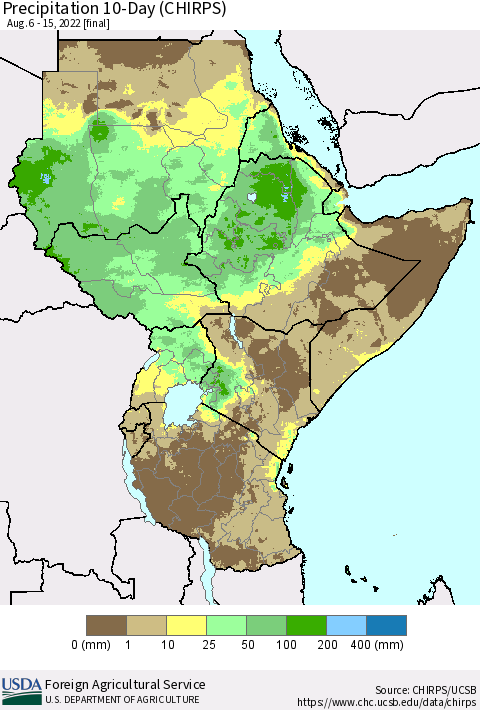 Eastern Africa Precipitation 10-Day (CHIRPS) Thematic Map For 8/6/2022 - 8/15/2022