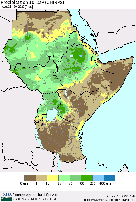 Eastern Africa Precipitation 10-Day (CHIRPS) Thematic Map For 8/11/2022 - 8/20/2022