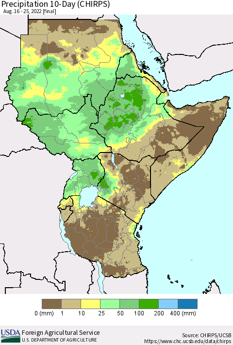 Eastern Africa Precipitation 10-Day (CHIRPS) Thematic Map For 8/16/2022 - 8/25/2022