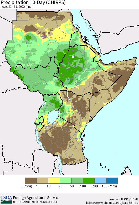 Eastern Africa Precipitation 10-Day (CHIRPS) Thematic Map For 8/21/2022 - 8/31/2022