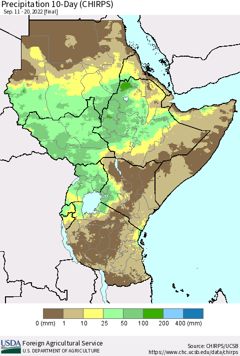 Eastern Africa Precipitation 10-Day (CHIRPS) Thematic Map For 9/11/2022 - 9/20/2022