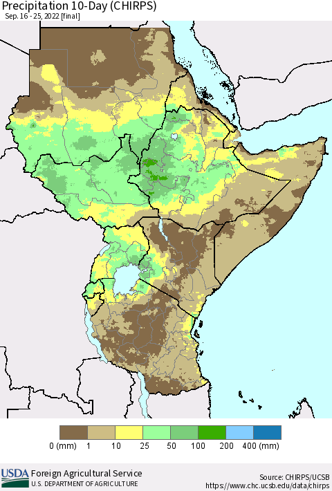 Eastern Africa Precipitation 10-Day (CHIRPS) Thematic Map For 9/16/2022 - 9/25/2022