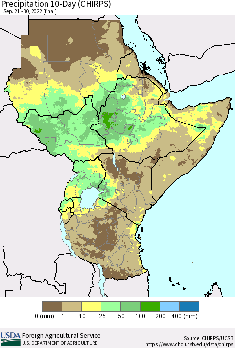 Eastern Africa Precipitation 10-Day (CHIRPS) Thematic Map For 9/21/2022 - 9/30/2022