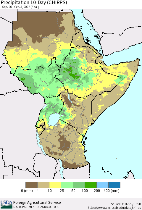 Eastern Africa Precipitation 10-Day (CHIRPS) Thematic Map For 9/26/2022 - 10/5/2022