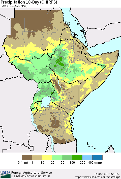 Eastern Africa Precipitation 10-Day (CHIRPS) Thematic Map For 10/1/2022 - 10/10/2022