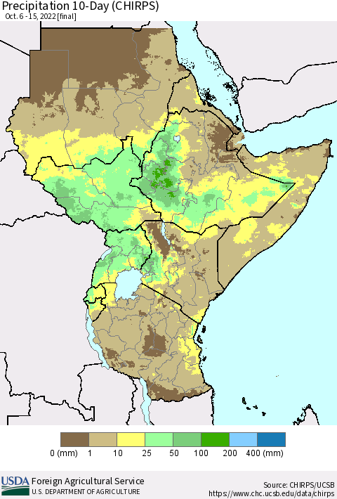Eastern Africa Precipitation 10-Day (CHIRPS) Thematic Map For 10/6/2022 - 10/15/2022