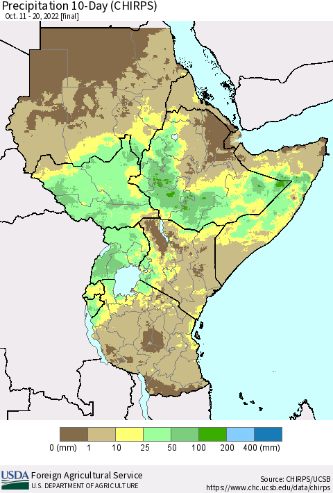 Eastern Africa Precipitation 10-Day (CHIRPS) Thematic Map For 10/11/2022 - 10/20/2022